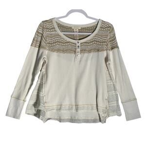 Sundance Sz M Clara Lace Thermal Henley Long‎ Sleeve Top Swing Hem Ivory Neutral